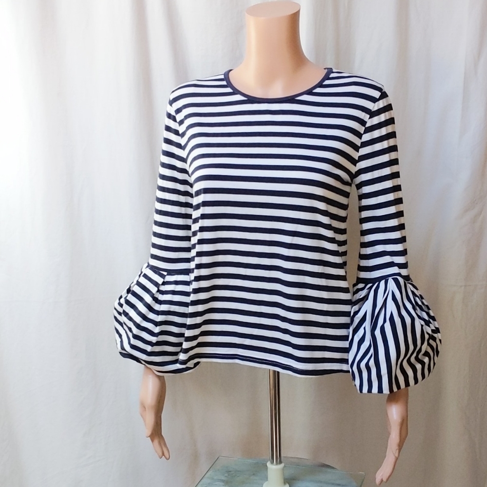ENGLISH FACTORY Navy & White Sailor Striped Bell Sleeve Top | Medium